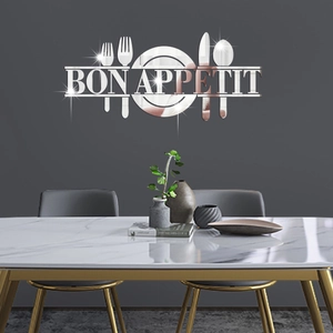 Silver acrylic mirror wall sticker with Bon Appetit text and cutlery silhouettes in a kitchen