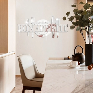Silver acrylic mirror wall sticker featuring Bon Appetit text and cutlery for dining rooms