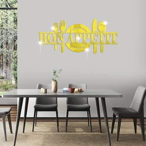 Golden acrylic 3D mirror wall stickers with cutlery silhouette and Bon Appetit text