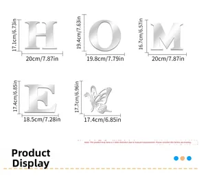 Detailed size chart of HOME acrylic 3D mirror wall stickers with butterfly accents