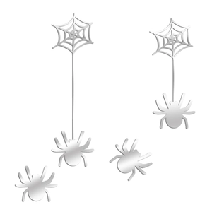 Detail view of silver mirror acrylic spider and web stickers for Halloween decoration