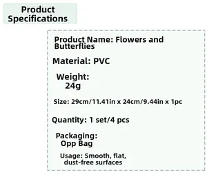 Detailed specifications for PVC floral toilet decals, including size 29x24cm and 4 pieces set