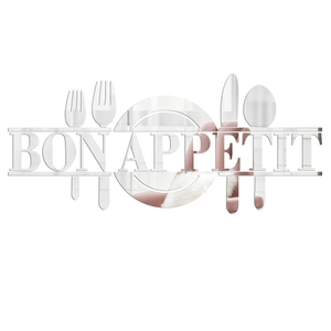 Close-up of silver acrylic mirror wall decal with Bon Appetit cutlery design