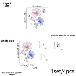 Size chart showing 24x29cm floral toilet lid decals and butterfly wall stickers