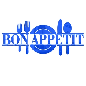 Detail view of blue acrylic mirror wall sticker with Bon Appetit text for kitchen
