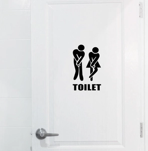 Sticker mural de toilettes noir minimaliste avec icônes créatives et texte de toilettes