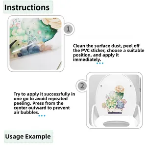 Instructional graphic for waterproof succulent plant PVC stickers applied on a toilet lid