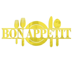 Macro detail of gold acrylic mirror wall sticker with Bon Appetit lettering and cutlery icons