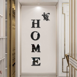 3D acrylic mirror wall sticker featuring HOME letters and butterfly for home decor