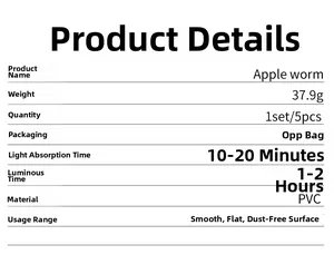 Technical specifications for blue glow Apple worm wall stickers with luminous PVC material details