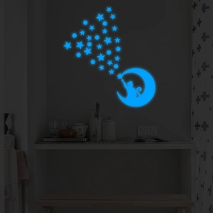 Stickers Muraux Lumineux Chat Lune Étoiles Et Points Bleus Fluorescents Pour Chambre D'Enfants Décoration Murale Moderne Autocollants
