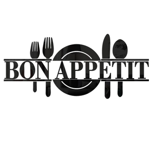 Detail of Bon Appetit acrylic mirror wall sticker with cutlery silhouettes for dining decor