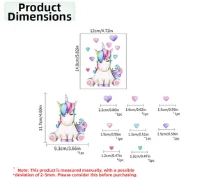 Detailed size guide for colorful unicorn stickers with heart accents for home decor