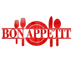 Red acrylic mirror wall sticker set with cutlery design and Bon Appetit text for kitchen decor