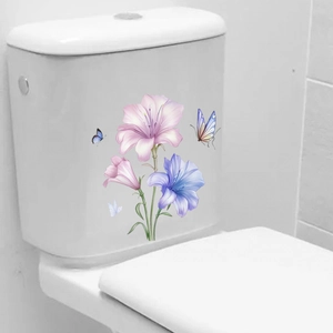 Floral toilet tank decal with pink lilies and blue butterflies for bathroom decoration