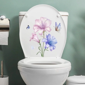 Watercolor Lily Flower Butterfly Toilet Seat Sticker PVC Waterproof Self Adhesive Bathroom Decal Home Decoration Mural