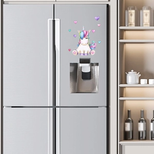 Cartoon unicorn wall sticker with rainbow mane and hearts on a silver fridge door