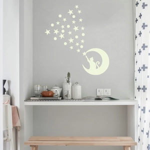 Stickers muraux lumineux avec croissant de lune, chats et étoiles pour chambre d'enfant