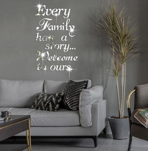 Detailed silver 3D acrylic mirror wall art featuring Every Family has a story text
