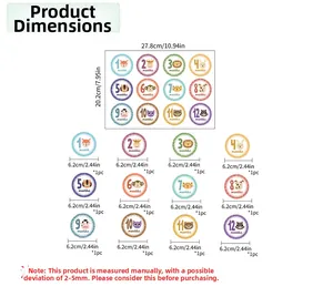 Detailed size chart for animal baby milestone stickers with 6.2cm diameter circle labels
