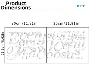 Product dimensions for silver acrylic family story wall decal set showing sizes in cm and inches