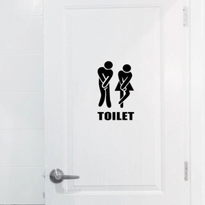 Sticker WC humoristique avec figurines cartoon et texte Toilet sur porte blanche