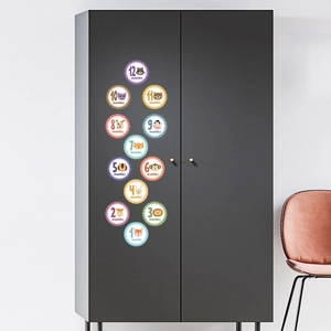 Set of 12 colorful baby milestone stickers with cute animal designs on a gray wardrobe