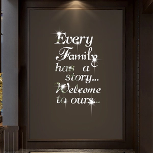 Detail of 3D mirror acrylic wall sticker with family quote and silver metallic finish