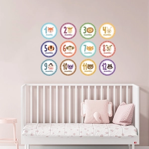 Set of 12 cute animal baby monthly milestone stickers for nursery wall decoration