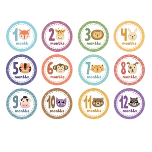 Set of 12 monthly baby milestone stickers with cute animal illustrations and pastel colors