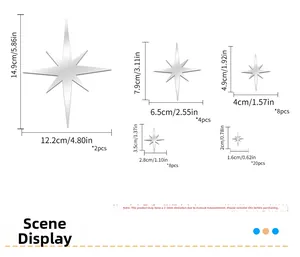 Size chart for 42-piece star mirror wall stickers showing five varied acrylic dimensions