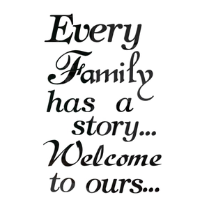 Detail of 3D black acrylic wall stickers featuring Every Family Has A Story home quote