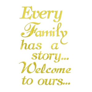 Macro detail of golden acrylic wall sticker with Every Family story quote and texture