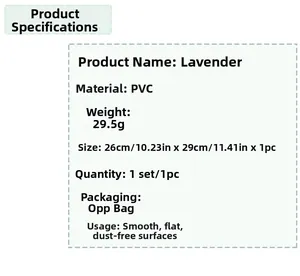 Specifications for Lavender PVC waterproof stickers, dimensions 26x29cm for smooth surfaces