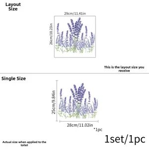 Detailed dimension guide for lavender floral stickers showing 29x26cm sheet size
