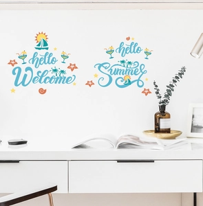 Detailed close-up of summer beach theme wall stickers with palm trees and sailboat icons