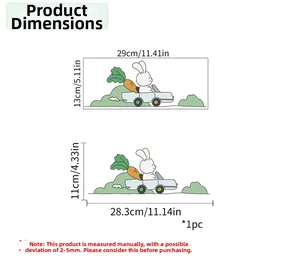 Detailed size chart for rabbit cartoon wall decals with dimensions in cm and inches