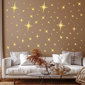 Golden acrylic star wall decals set with mirrored surface for home living room decor