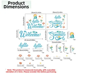 Detailed size chart for summer theme wall stickers showing precise cm and inch measurements