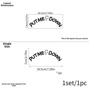 Size chart showing dimensions of the Put Me Down self-adhesive toilet seat decal sticker