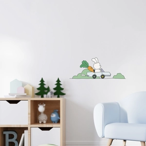 Cute bunny driving car with carrot wall sticker for kids bedroom and living room decor