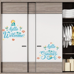 Self-adhesive summer theme wall stickers with sailboat and coconut tree on a wooden closet