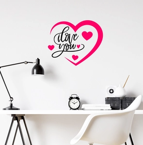 Detail of creative 'I love you' heart wall sticker in a modern home office setting