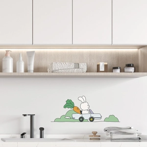 Cute white bunny driving a car wall sticker with carrot and green shrubs for kids' room