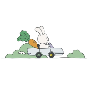 Cartoon white bunny driving a car with a large carrot, cute wall sticker for kids