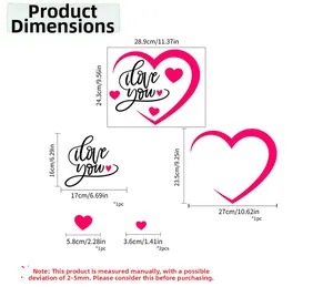 Detailed size chart for I Love You heart wall stickers with precise dimensions in cm and inches