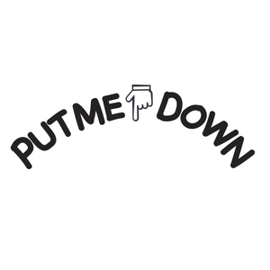 Minimalist 'PUT ME DOWN' self-adhesive toilet lid sticker with pointing down hand gesture icon