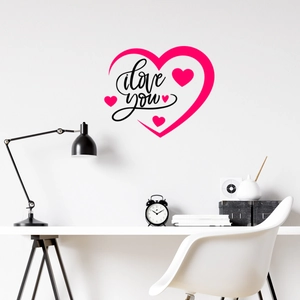 Detail of red heart wall sticker with I love you text on white minimalist wall