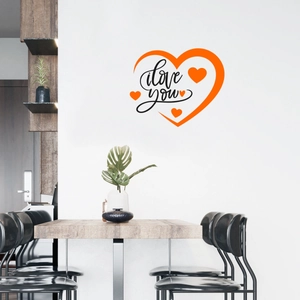 Modern orange heart wall decal with I love you text for living room decor