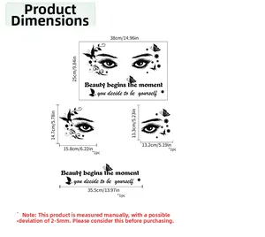 Detailed dimension layout of eye silhouette wall sticker with beauty quote decor